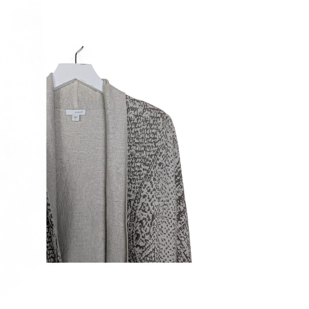 J. JILL pureJill Knit Jacquard Cotton Blend Open Cardigan Taupe Ivory - Size XL - Picture 3 of 7